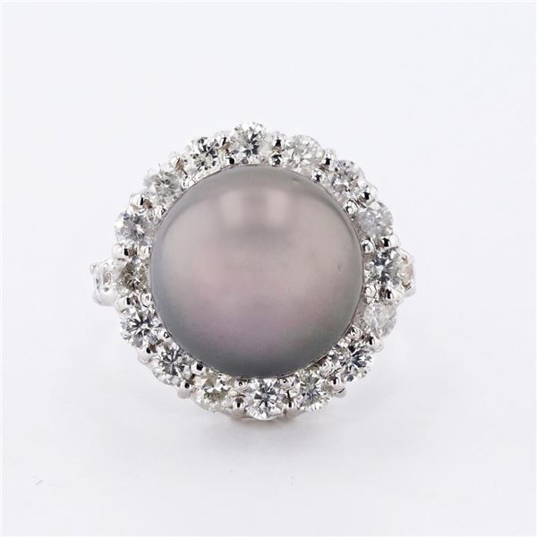 12.5mm Tahitian Pearl and 1.54 ctw Diamond 14K White Gold Ring