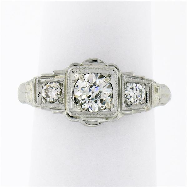 Antique Art Deco 18k Gold.70 ctw 3 Stone European Diamond Filigree Engraved Ring