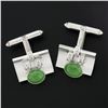 Image 1 : Vintage Astor 14K White Gold Oval Jade & Diamond Concave Rectangular Cufflinks