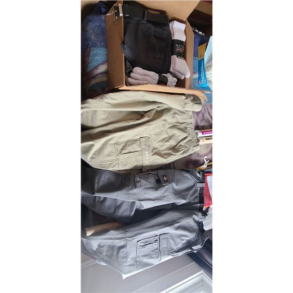 FOUR 38X30 SHORTS, TWO BUNDLES OF SOCKS, TWO 38X30 INSULATED PANTS