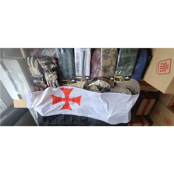 BOX OF HATS, GLOVES AND FOUR NEW SHEMAGH