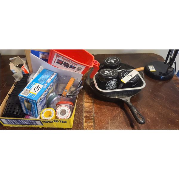 ONE BOX OF MISC ITEM AND CAST IRON PAN 10" AND CAMPING CUPS