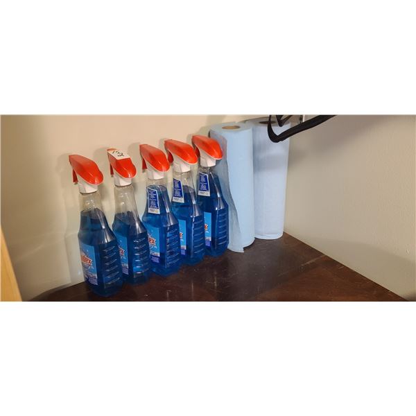FIVE BOTTLES OF WINDEX AND TWO PAPER TOWEL ROLLS