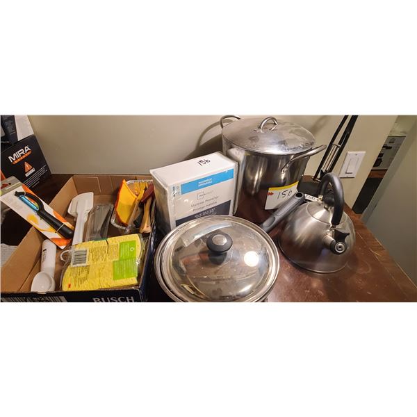 STAINLESS STEEL POT, KETTLE, EGG POACHER AND MISC