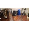 Image 12 : VERY LARGE STAINLESS STEEL POT, TWO ENAMEL WARE COFFEE POTS