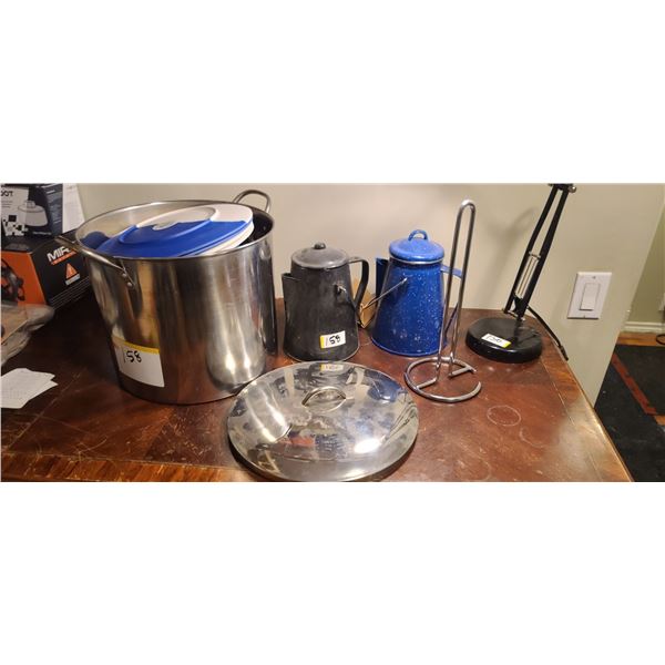 VERY LARGE STAINLESS STEEL POT, TWO ENAMEL WARE COFFEE POTS