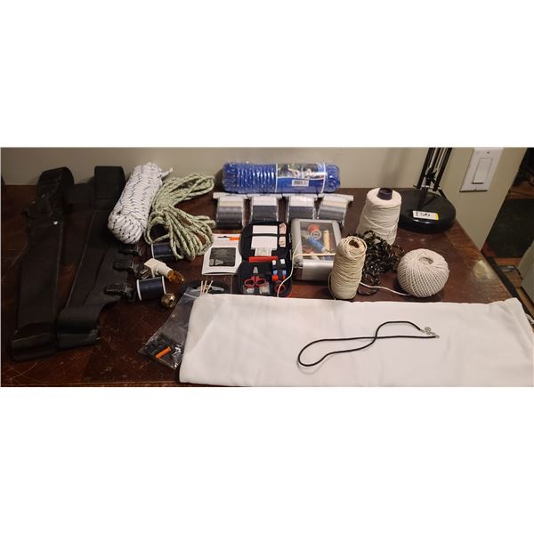 BOX WITH TWO 100 ROLLS OF ROPE AND SEWING SUPPLIES