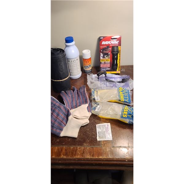 ASSORTED: CLEANING SUPPLIES AND HEADLAMP