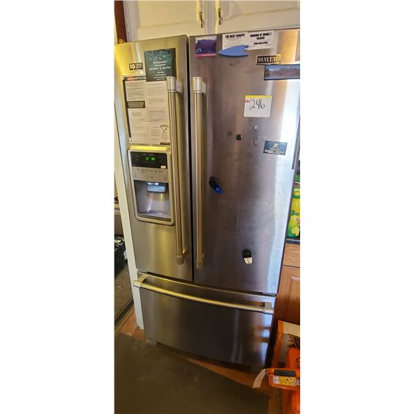MAYTAG UPRIGHT STAINLESS STEEL TWO DOOR REFRIDGERATOR, ICE MAKER - COMES WITH CONTENTS