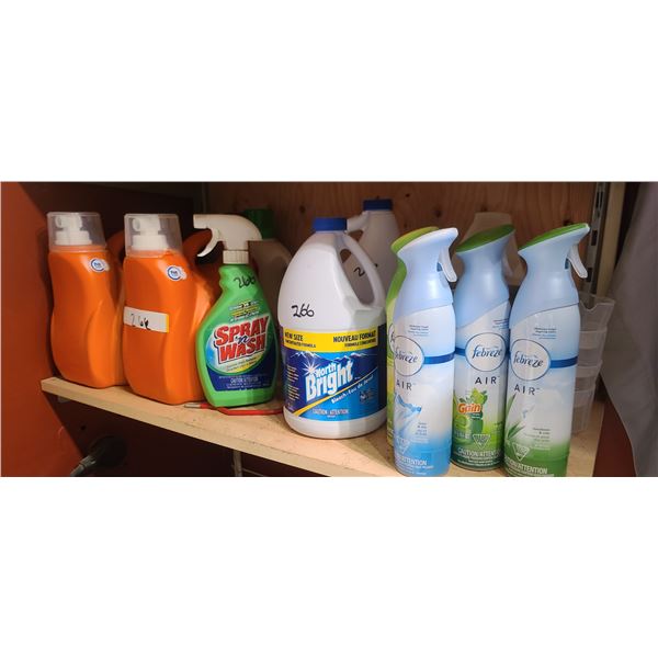 TWO 4LTR BOTTLES OF TIDE, BLEACH, BOUNCE AND DRYER SHEETS