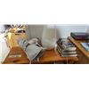 Image 13 : 6 DRAWER OAK DRESSER, MIRROR AND NIGHT STAND AND WOOD STAND, BOOKS, ALARM, LAMP AND HEATED PAD