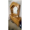 Image 1 : 6 DRAWER OAK DRESSER, MIRROR AND NIGHT STAND AND WOOD STAND, BOOKS, ALARM, LAMP AND HEATED PAD