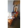 Image 25 : 6 DRAWER OAK DRESSER, MIRROR AND NIGHT STAND AND WOOD STAND, BOOKS, ALARM, LAMP AND HEATED PAD