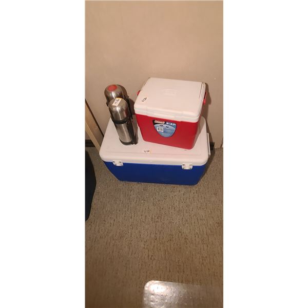 MEDIUM COOLER, SMALL COOLER AND  3 THERMOS BOTTLES