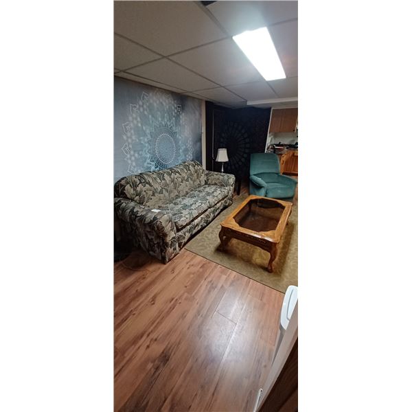 SOFA, COFFEE & END TABLE, RUG, RECLINER AND LAMP