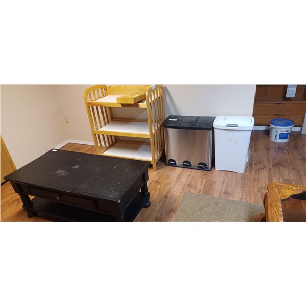 STAND, BLACK COFFEE TABLE, GAME. BISSELL UPRIGHT VAC.AND 2 GARBAGE CANS