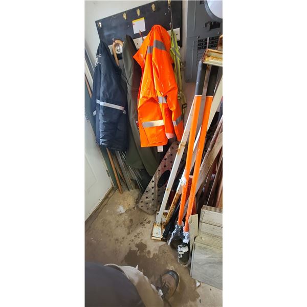 NEW XL FLAME RESISTANT RAINER, POSTAL SHOVEL, FOUR SHOP BRUSHES, READY ROD, BROWNING SEAT COVERS