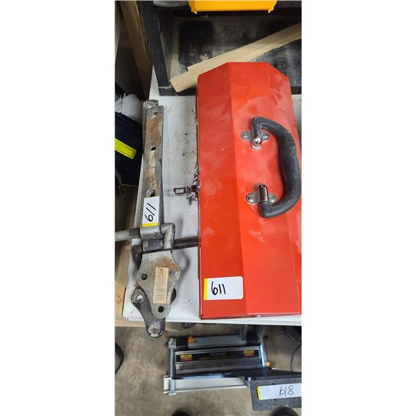 RED CONTAINER WITH TIE DOWN, HOOK, TRAILER PINS AND 2 HD HINGES