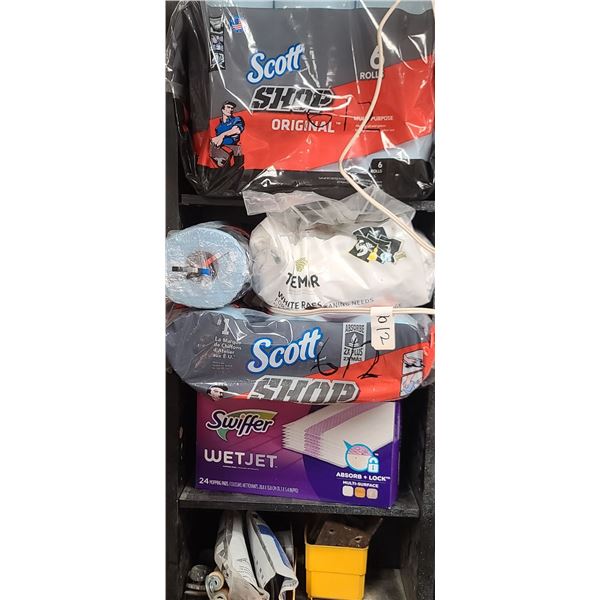 SHOP TOWEL, WET JET, LAMP AND REMAINDER OF SHELVE