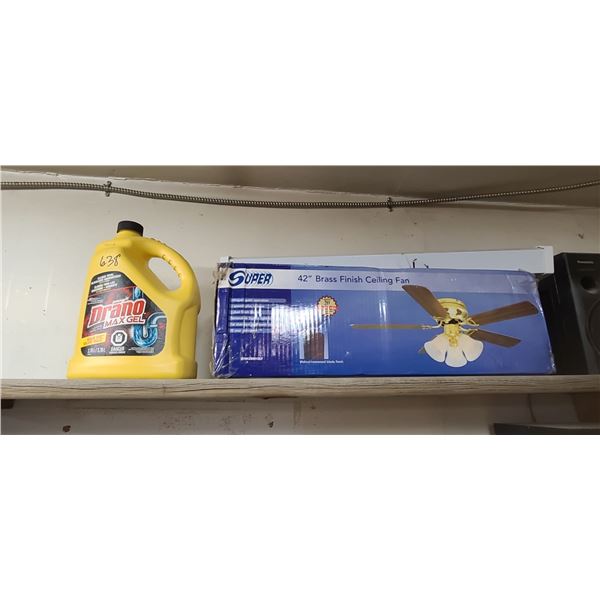 NEW IN BOX CEILING FAN AND 42" LIGHT AND BOTTLE OF DRAINO
