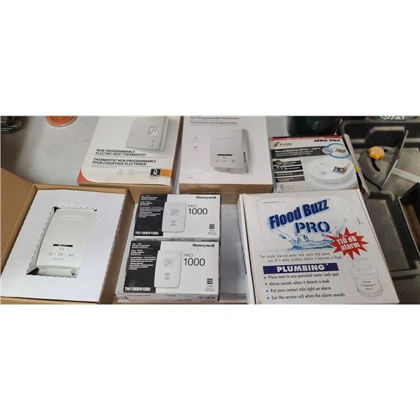 FIVE THERMOSTATS, FIRE ALARM AND BASEMENT FLOOD ALARM