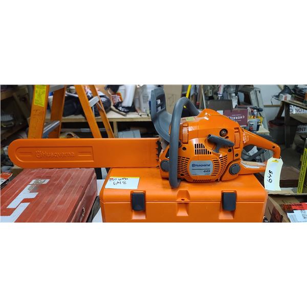 NEW HUSHAVARNA 445 CHAINSAW, CASE, EXTRA BARS AND CHAIN, AND OTHER ACCESSORIES