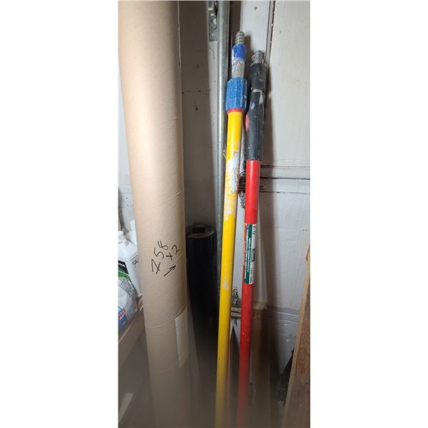 ALL ITEMS IN CORNER AND ON METAL SHELVE AND TWO EXTENSION HANDLES