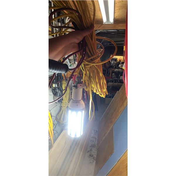 LARGE LED LIGHT ATTACHED TO 25' EXTENSION CORD AND SMALLER TROUBLE LIGHT