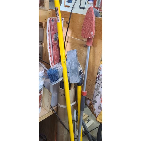 QUANTITY OF EMPTY PAIL EXTENSION HANDLES, BROOMS