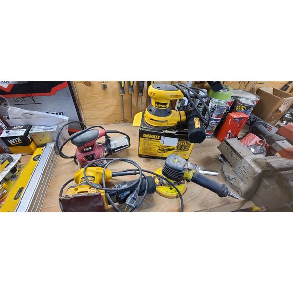 TWO DEWALT SANDERS, ONE AIR SANDER, AND ONE SKIL SANDER