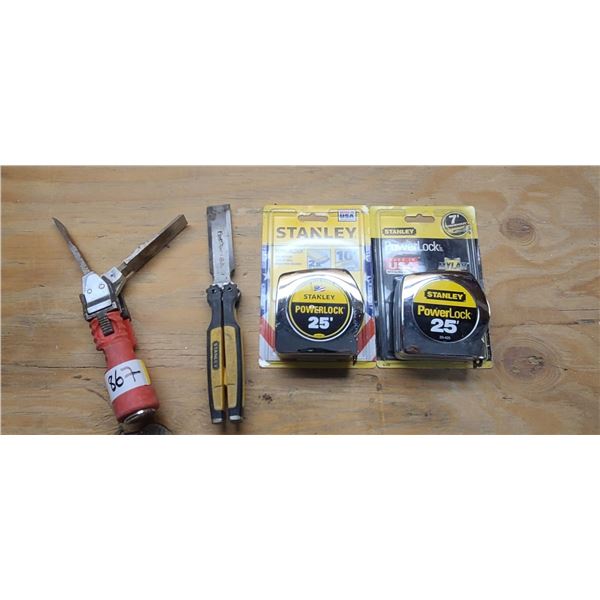 TWO NEW STANLEY 25' TAPE MEASURES, FOLDING STANLEY KNIFE AND BENCHMARK CHISELS