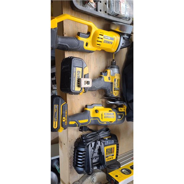 DEWALT 20V MULTI TOOL, IMPACT DRIVER, GRINDER, CHARGER, AND TWO BATTERIES