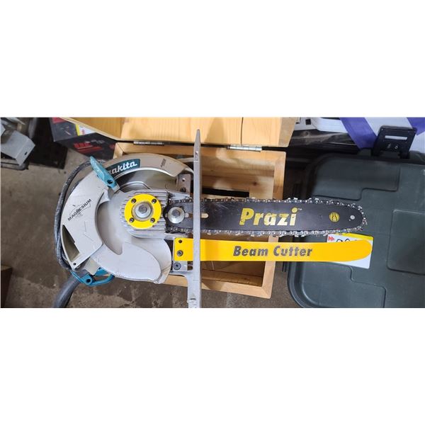 MAKITA MODEL 5008HGA SAW WITH PRAZI 12" BEAM CUTTER SAW ATTACHEMENT IN WOOD BOX