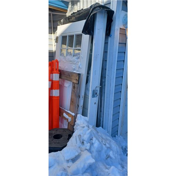 EXTERIOR DOOR WITH FRAME AND CORRUGATED CLEAR ROOFING SHEETS