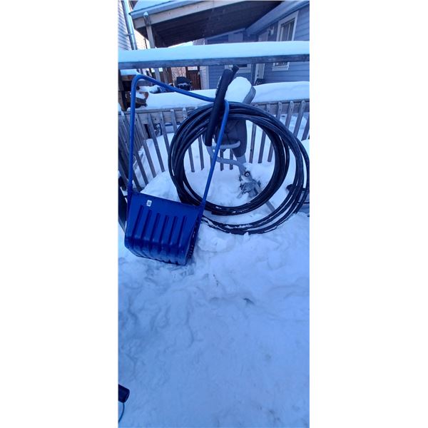 WATER HOSE, EXCERCISER AND BIG SNOW SCOOP AND MISC