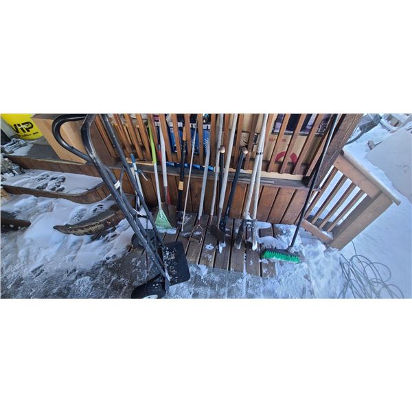 ALL GARDEN TOOLS, SHOVELS, ICE PICKS, AND 2 WHEEL DOLLY IN PHOTO