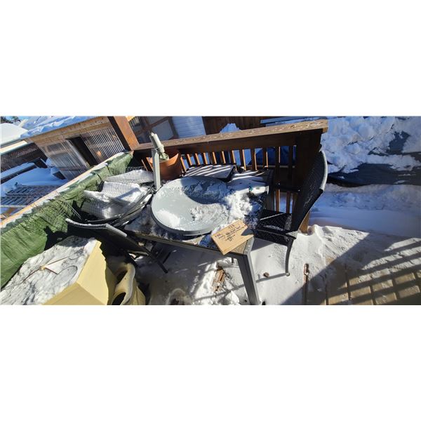 BBQ, PLANTERS, SAT DISH AND PATIO TABLE C/W 4 CHAIRS