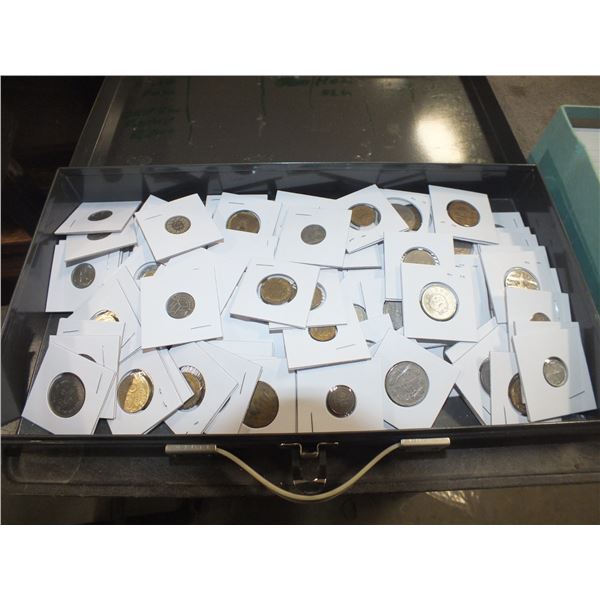 Metal Box & 3 Sleaves Of Assorted Foreign Coins