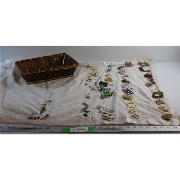 Assorted Shirt Pins and Basket