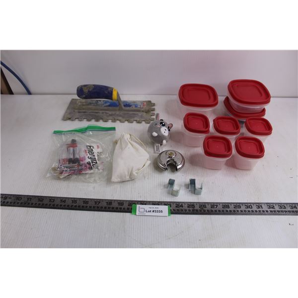 Set of 8 Rubbermaid Food Containers with Lids, Grout Trowel, Misc.