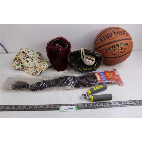 Spalding Basketball, Child's Baseball Glove, Sassy Jumbo Hair Braid - Sealed, Crayons, Misc.