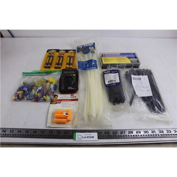 Digital Multimeter, Various Vinyl Tie-Wraps, Dewalt Crayons, Assorted Electrical Terminals/Connector