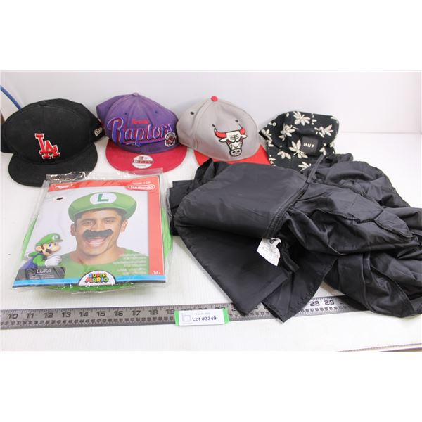 (2) Halloween Costumes (Luigi, Vampire Cape 56" L), (4) Baseball Caps