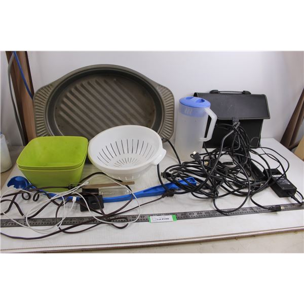 Roaster Oven Pan, Strainer, Rubbermaid Pitcher, Assorted Cables & Power Bar, File Portfolio, Misc.