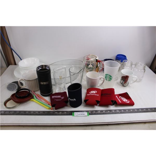 Set of Corelle Dishes - Incomplete, Pyrex Casserole, Canning Jars, Coffee Mugs, Cozies, Misc.