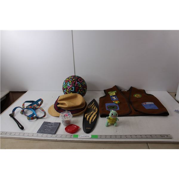 Vintage Scouts Vest, U.S. Polo Straw Hat, Letter Beads, Ukulele Strings, Misc.