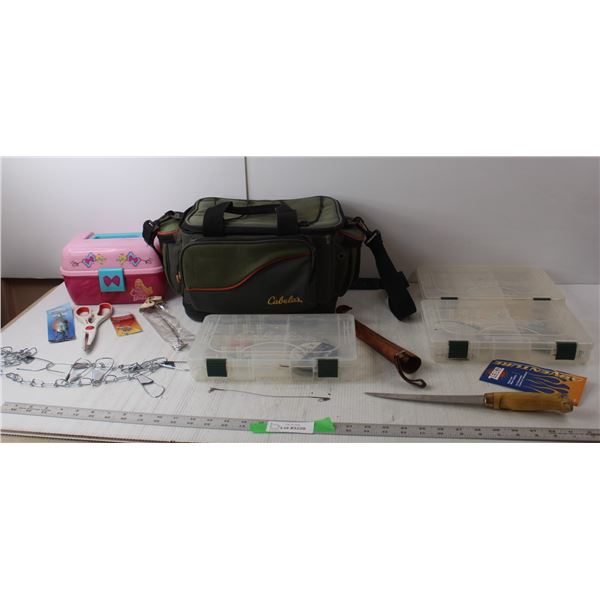 Cabela's & Barbie Tackle Boxes- Fish Hooks, Filleting Knife, Trout Bait, Misc.