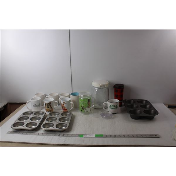 (3) Muffin Tins, Cookie Jar, (8) Coffee Cups, MIsc.