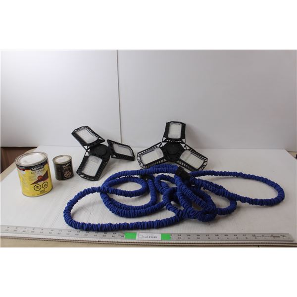 (2) Deformable Garage Lights, Wood & Glass Stains, Extendable Garden Hose