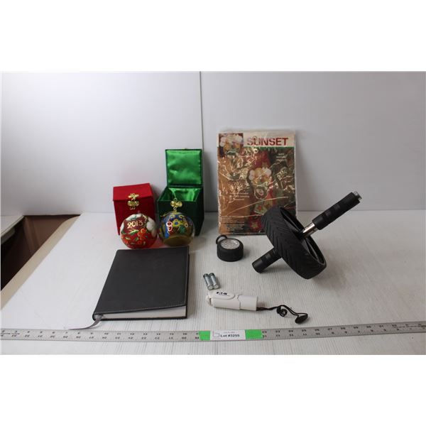 Exercise Wheel, Journal, Christmas Ornaments, Personal Fan. Misc.